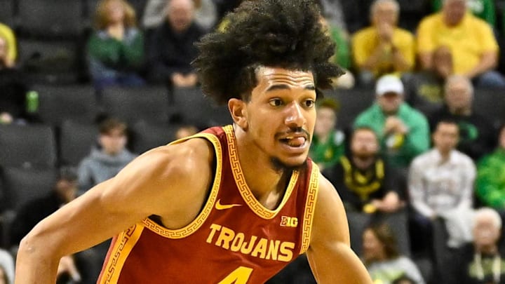 Dec 2, 2025; Eugene, Oregon, USA; Southern California Trojans forward Chad Baker-Mazara (4) drives to the basket during the second half against the Oregon Ducks at Matthew Knight Arena. Mandatory Credit: Craig Strobeck-Imagn Images Dec 2, 2025; Eugene, Oregon, USA; Southern California Trojans forward Chad Baker-Mazara (4) drives to the basket during the second half against the Oregon Ducks at Matthew Knight Arena. Mandatory Credit: Craig Strobeck-Imagn Images