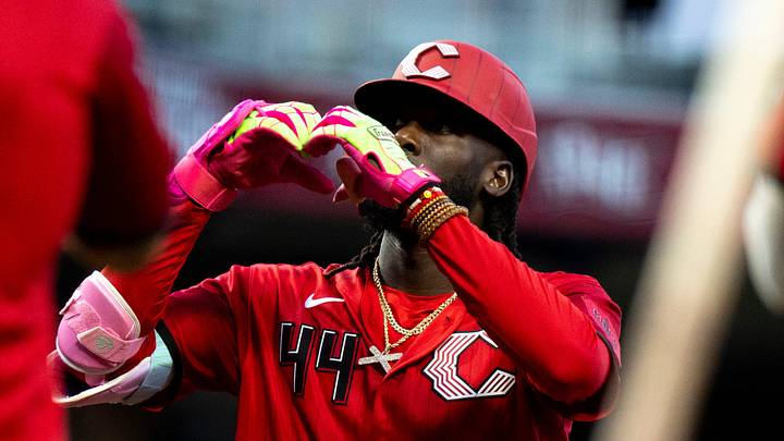 Cincinnati Reds shortstop Elly De La Cruz (44) gestures as he crosses home plate after hitting a 3-run home run in the fifth inning between the St. Louis Cardinals and Cincinnati Reds at Great American Ball Park in Cincinnati on Saturday, May 23, 2026. Cincinnati Reds shortstop Elly De La Cruz (44) gestures as he crosses home plate after hitting a 3-run home run in the fifth inning between the St. Louis Cardinals and Cincinnati Reds at Great American Ball Park in Cincinnati on Saturday, May 23, 2026.