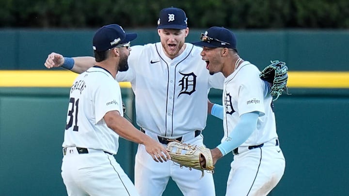 From left, Detroit Tigers left fielder Riley Greene (31), center fielder Parker Meadows (22) and right fielder Wenceel Pérez (46) celebrate 3-0 win over Cleveland Guardians at Game 3 of ALDS at Comerica Park in Detroit on Wednesday, Oct. 9, 2024.