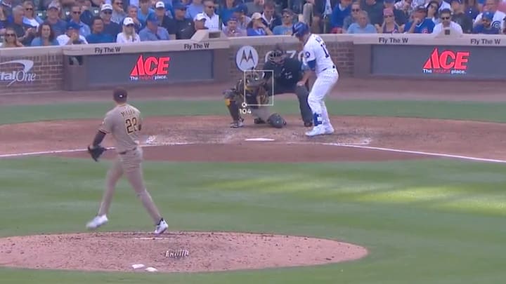 San Diego Padres reliever Mason Miller threw a 104.5 mph fastball to strike out Chicago Cubs catcher Carson Kelly.