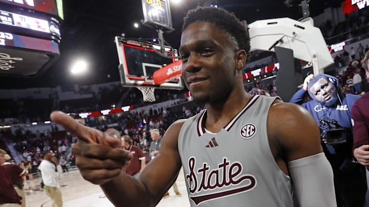 Feb 21, 2024; Starkville, Mississippi, USA; Mississippi State Bulldogs guard Josh Hubbard (13) reacts toward fans after defeating the Mississippi Rebels at Humphrey Coliseum. Mandatory Credit: Petre Thomas-Imagn Images