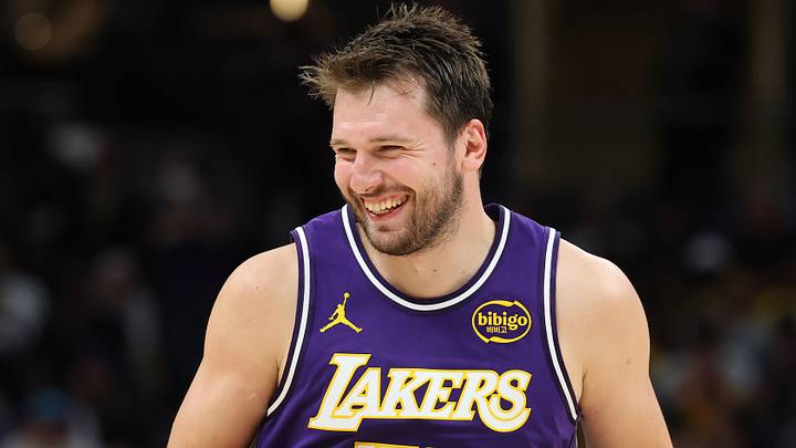 INDIANAPOLIS, INDIANA - MARCH 25: Luka Doncic #77 of the Los Angeles Lakers celebrates after a basket. (Photo by Andy Lyons/Getty Images)