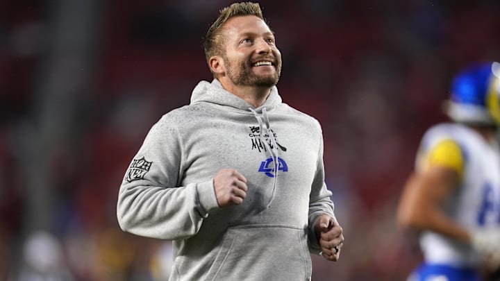 Dec 12, 2024; Santa Clara, California, USA; Los Angeles Rams head coach Sean McVay jogs on the field before the start of the game against the San Francisco 49ers at Levi's Stadium. Mandatory Credit: Cary Edmondson-Imagn Images