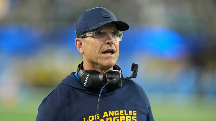 Dec 8, 2025; Inglewood, California, USA;  Los Angeles Chargers head coach Jim Harbaugh reacts in the first half against the Philadelphia Eagles at SoFi Stadium. Mandatory Credit: Kirby Lee-Imagn Images