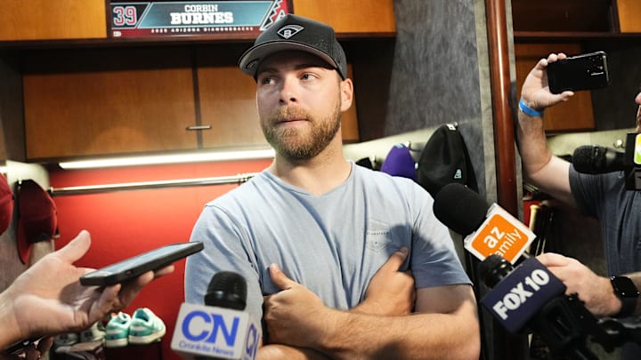 Arizona Diamondbacks pitcher Corbin Burnes is interviewed by the media at Chase Field in Phoenix on Sept. 29, 2025.