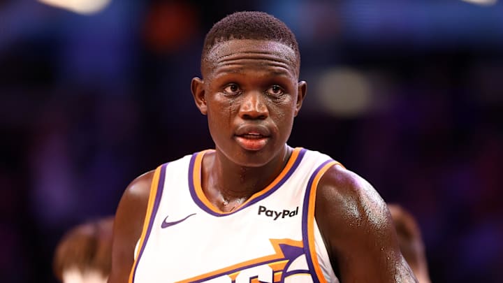 Oct 14, 2025; Phoenix, Arizona, USA; Phoenix Suns center Khaman Maluach (10) against the Los Angeles Lakers during an NBA preseason game at Mortgage Matchup Center. Mandatory Credit: Mark J. Rebilas-Imagn Images