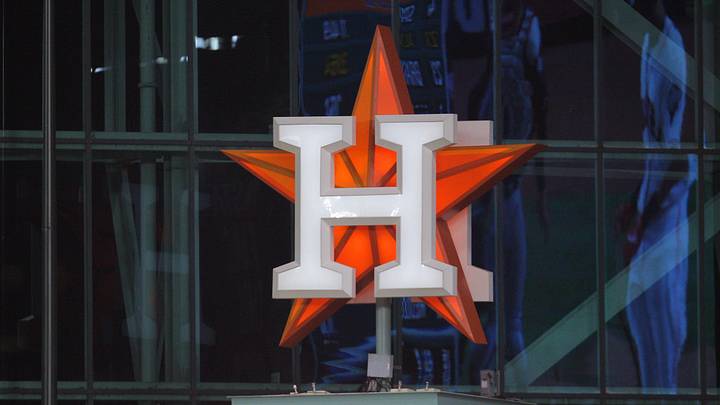 Oct 22, 2019; Houston, TX, USA; The Houston Astros logo is seen during the third inning of game one of the 2019 World Series against the Washington Nationals at Minute Maid Park. Mandatory Credit: Erik Williams-Imagn Images