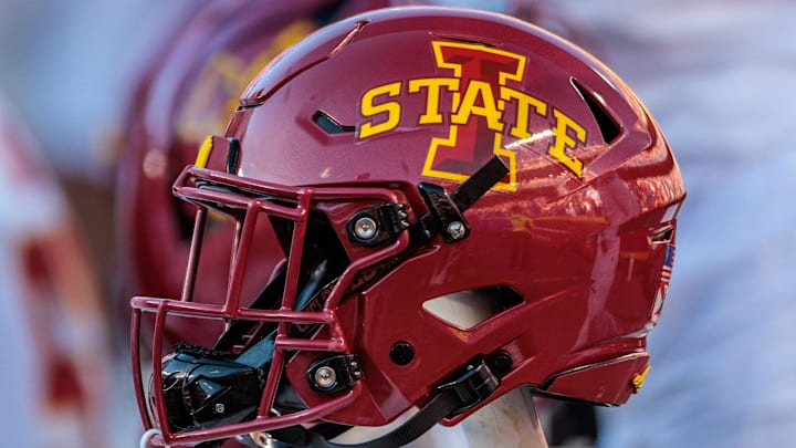 Nov 9, 2024; Kansas City, Missouri, USA; Iowa State Cyclones helmets on the bench during the first quarter against the Kansas Jayhawks at GEHA Field at Arrowhead Stadium. Nov 9, 2024; Kansas City, Missouri, USA; Iowa State Cyclones helmets on the bench during the first quarter against the Kansas Jayhawks at GEHA Field at Arrowhead Stadium.