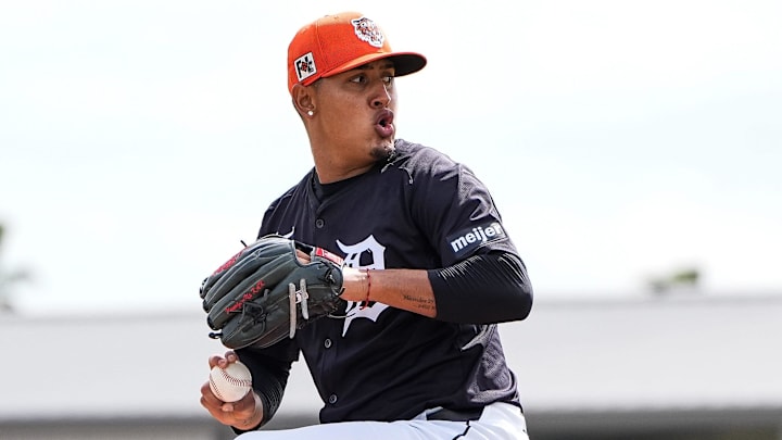 Detroit Tigers pitcher Keider Montero throws live batting practice during spring training at TigerTown in Lakeland, Fla. on Wednesday, Feb. 19, 2025.