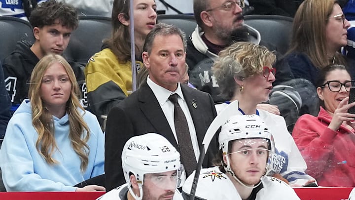 Jan 23, 2026; Toronto, Ontario, CAN; Vegas Golden Knights head coach Bruce Cassidy looks on during the game against theToronto Maple Leafs during the third period at Scotiabank Arena. Mandatory Credit: Nick Turchiaro-Imagn Images