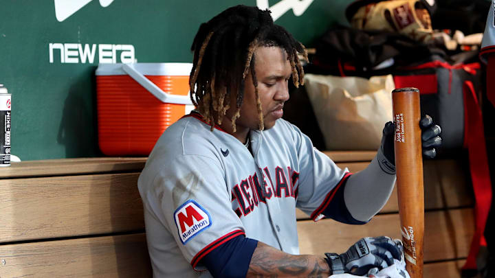 Jun 21, 2025; West Sacramento, California, USA; Cleveland Guardians third baseman Jose Ramirez (11) wipes off his bat in between the fourth inning at a game against the Athletics at Sutter Health Park. Mandatory Credit: Dennis Lee-Imagn Images Jun 21, 2025; West Sacramento, California, USA; Cleveland Guardians third baseman Jose Ramirez (11) wipes off his bat in between the fourth inning at a game against the Athletics at Sutter Health Park. Mandatory Credit: Dennis Lee-Imagn Images