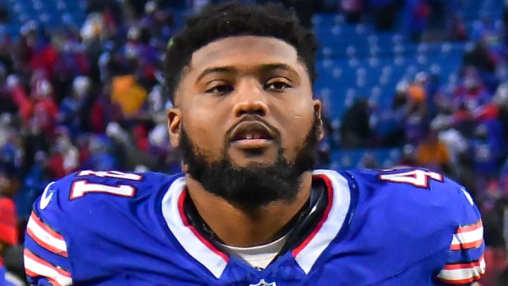 Dec 31, 2023; Orchard Park, New York, USA; Buffalo Bills fullback Reggie Gilliam (41) leaves the field after a game New England Patriots at Highmark Stadium. Mandatory Credit: Mark Konezny-Imagn Images