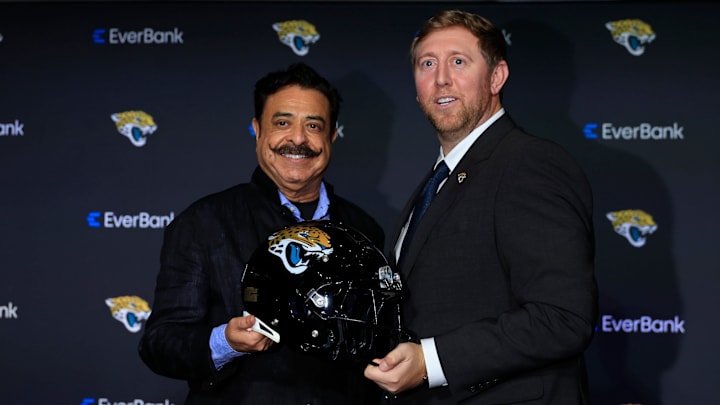 Jaguars owner Shad Khan, left, poses for a photo with new Jacksonville Jaguars head coach Liam Coen during a press conference Monday, Jan. 27, 2025 at the Miller Electric Center in Jacksonville, Fla. [Corey Perrine/Florida Times-Union]