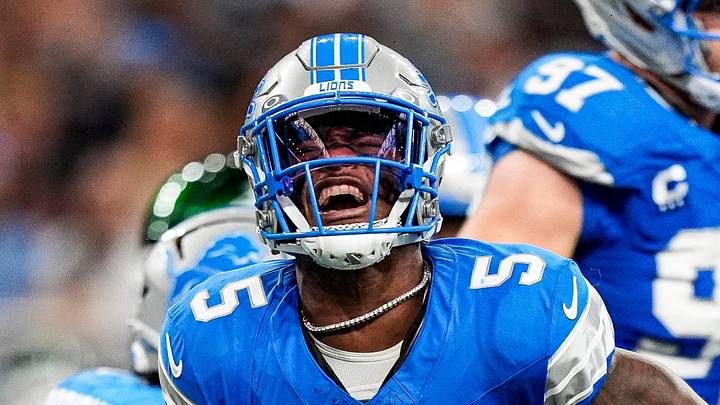 Detroit Lions defensive back Christian Izien (5) celebrates a play against New York Jets during the first half at Ford Field in Detroit on Sunday, Sept. 27, 2026. Detroit Lions defensive back Christian Izien (5) celebrates a play against New York Jets during the first half at Ford Field in Detroit on Sunday, Sept. 27, 2026.