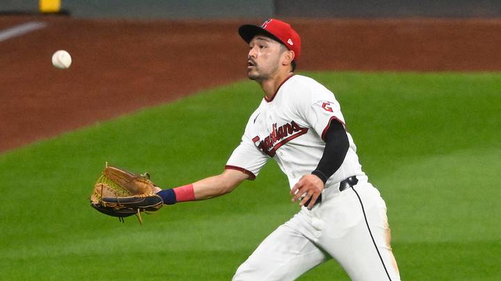 Aug 15, 2026; Cleveland, Ohio, USA; Cleveland Guardians left fielder Steven Kwan (38) makes a running catch in the sixth inning against the San Diego Padres at Progressive Field. Mandatory Credit: David Richard-Imagn Images