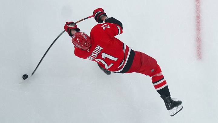 Feb 28, 2026; Raleigh, North Carolina, USA; Carolina Hurricanes defenseman Alexander Nikishin (21) takes a shot against the Detroit Red Wings during the second period at Lenovo Center. Mandatory Credit: James Guillory-Imagn Images Feb 28, 2026; Raleigh, North Carolina, USA; Carolina Hurricanes defenseman Alexander Nikishin (21) takes a shot against the Detroit Red Wings during the second period at Lenovo Center. Mandatory Credit: James Guillory-Imagn Images