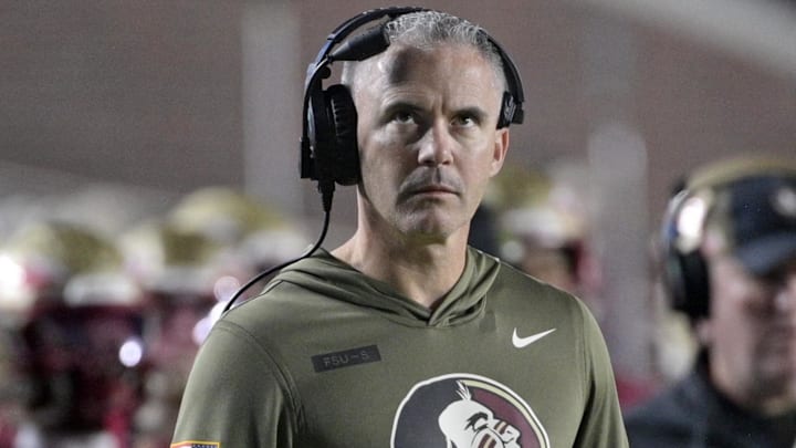 Nov 15, 2025; Tallahassee, Florida, USA; Florida State Seminoles head coach Mike Norvell during the second half against the Virginia Tech Hokies at Doak S. Campbell Stadium. Mandatory Credit: Melina Myers-Imagn Images