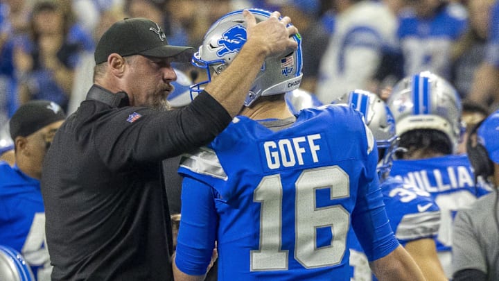 Detroit Lions head coach Dan Campbell with quarterback Jared Goff (16) during the second quarter against Commanders Detroit Lions head coach Dan Campbell with quarterback Jared Goff (16) during the second quarter against Commanders