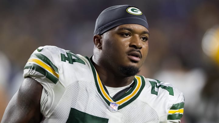 Oct 28, 2021; Glendale, Arizona, USA; Green Bay Packers guard Elgton Jenkins (74) against the Arizona Cardinals at State Farm Stadium. Mandatory Credit: Mark J. Rebilas-Imagn Images