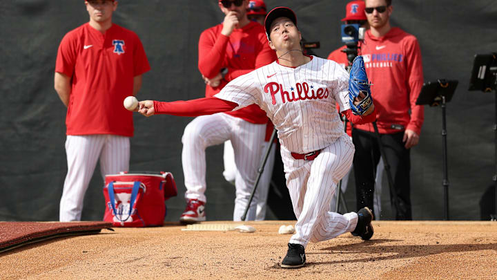 Feb 16, 2025; Clearwater, FL, USA; Philadelphia Phillies pitcher Koyo Aoyagi (31) participates in spring training workouts at BayCare Ballpark. 