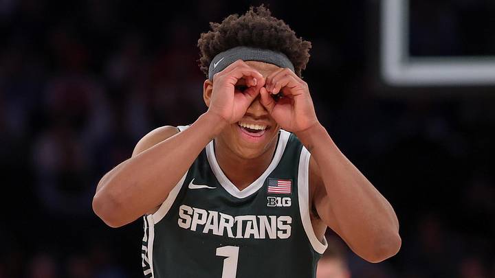 Michigan State Spartans guard Jeremy Fears Jr. (1) reacts during the second half against the Kentucky Wildcats at Madison Square Garden on November 18, 2025. Michigan State Spartans guard Jeremy Fears Jr. (1) reacts during the second half against the Kentucky Wildcats at Madison Square Garden on November 18, 2025.
