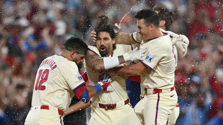 Oct 6, 2024; Philadelphia, Pennsylvania, USA; Philadelphia Phillies outfielder Nick Castellanos (8) celebrates with teammates after defeating the New York Mets during game two of the NLDS for the 2024 MLB Playoffs at Citizens Bank Park Oct 6, 2024; Philadelphia, Pennsylvania, USA; Philadelphia Phillies outfielder Nick Castellanos (8) celebrates with teammates after defeating the New York Mets during game two of the NLDS for the 2024 MLB Playoffs at Citizens Bank Park
