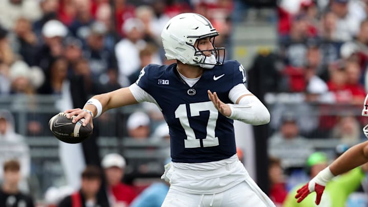 Nov 8, 2025; University Park, Pennsylvania, USA; Penn State Nittany Lions quarterback Ethan Grunkemeyer (17) throws a pass during the third quarter against the Indiana Hoosiers at Beaver Stadium. Mandatory Credit: Matthew O'Haren-Imagn Images