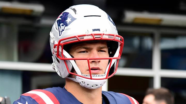 Sep 20, 2026; Foxborough, Massachusetts, USA;  New England Patriots quarterback Drake Maye (10) looks on prior to the game against the Pittsburgh Steelers at Gillette Stadium.  Mandatory Credit: Bob DeChiara-Imagn Images