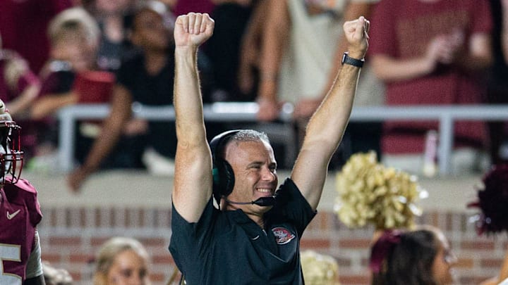 Florida State Seminoles head coach Mike Norvell celebrates a pick six. The Florida State Seminoles defeated the Southern Miss Golden Eagles on Saturday, Sept. 9, 2023. Florida State Seminoles head coach Mike Norvell celebrates a pick six. The Florida State Seminoles defeated the Southern Miss Golden Eagles on Saturday, Sept. 9, 2023.