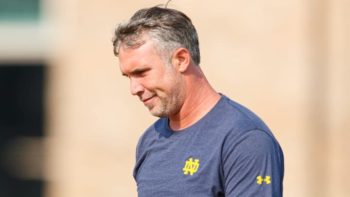 Notre Dame quarterbacks coach Gino Guidugli during a football practice at Irish Athletic Center on Friday, Aug. 1, 2025, in South Bend.