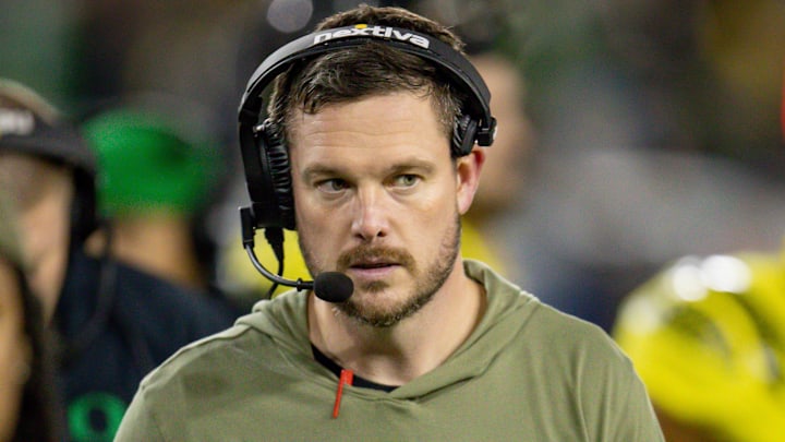 Oregon head coach Dan Lanning breaks from a huddle as the No. 6 Oregon Ducks host the USC Trojans Saturday, Nov. 11, 2023, at Autzen Stadium in Eugene, Ore. Oregon head coach Dan Lanning breaks from a huddle as the No. 6 Oregon Ducks host the USC Trojans Saturday, Nov. 11, 2023, at Autzen Stadium in Eugene, Ore.
