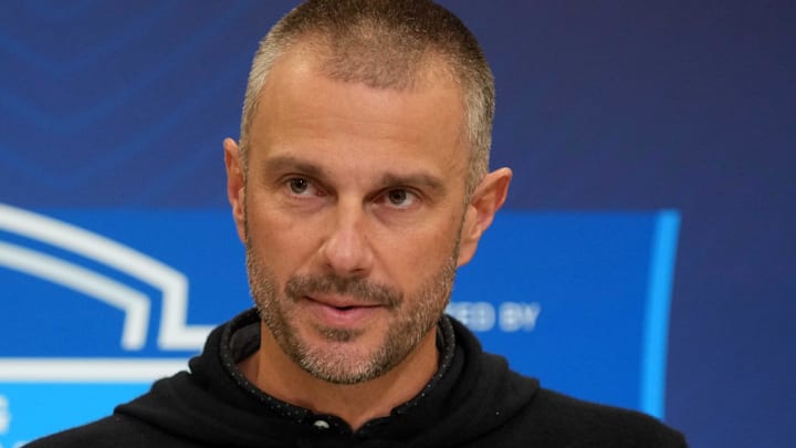 Feb 25, 2025; Indianapolis, IN, USA; Las Vegas Raiders general manager John Spytek speaks during the NFL Scouting Combine at the Indiana Convention Center. Mandatory Credit: Kirby Lee-Imagn Images Feb 25, 2025; Indianapolis, IN, USA; Las Vegas Raiders general manager John Spytek speaks during the NFL Scouting Combine at the Indiana Convention Center. Mandatory Credit: Kirby Lee-Imagn Images