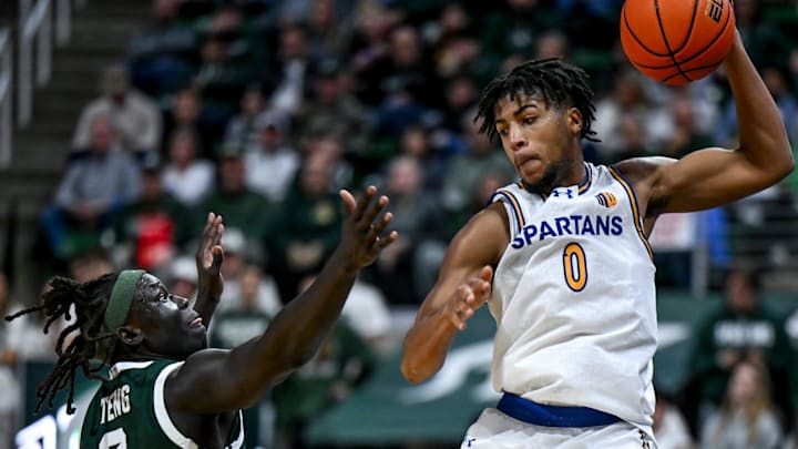 Michigan State's Kur Teng, left, pressures San Jose State's Colby Garland during the second half on Thursday, Nov. 13, 2025, at the Breslin Center in East Lansing.