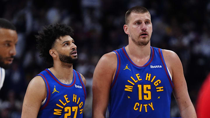 Apr 19, 2025; Denver, Colorado, USA; Denver Nuggets center Nikola Jokic (15) and Denver Nuggets guard Jamal Murray (27) during overtime against the LA Clippers at Ball Arena. Mandatory Credit: Ron Chenoy-Imagn Images Apr 19, 2025; Denver, Colorado, USA; Denver Nuggets center Nikola Jokic (15) and Denver Nuggets guard Jamal Murray (27) during overtime against the LA Clippers at Ball Arena. Mandatory Credit: Ron Chenoy-Imagn Images