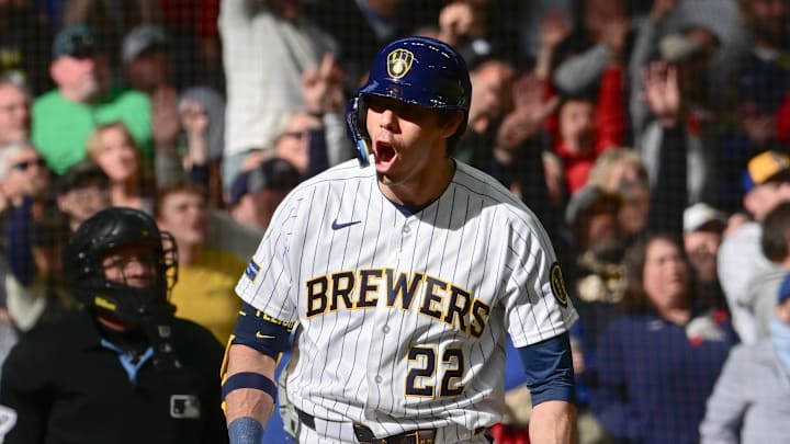 Mar 29, 2026; Milwaukee, Wisconsin, USA;  Milwaukee Brewers designated hitter Christian Yelich (22) reacts after hitting a three-run home run in the eighth inning against the Chicago White Sox at American Family Field. Mandatory Credit: Benny Sieu-Imagn Images