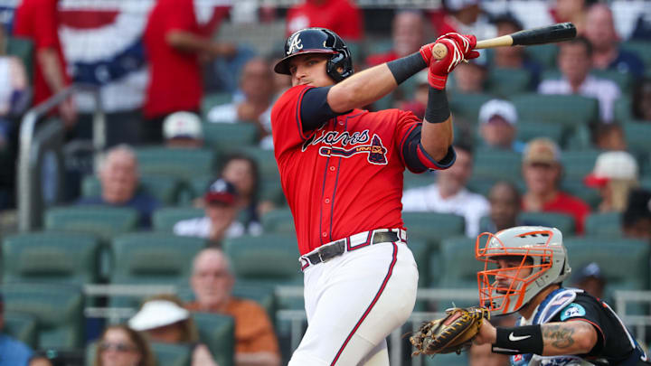 Jul 4, 2025; Atlanta, Georgia, USA; Atlanta Braves third baseman Austin Riley (27) hits a double against the Baltimore Orioles in the third inning at Truist Park. Mandatory Credit: Brett Davis-Imagn Images
Jul 4, 2025; Atlanta, Georgia, USA; Atlanta Braves third baseman Austin Riley (27) hits a double against the Baltimore Orioles in the third inning at Truist Park. Mandatory Credit: Brett Davis-Imagn Images