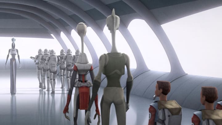 Kaminoans and clone troopers on Kamino. "War Mantle." The Bad Batch. Courtesy StarWars.com.
