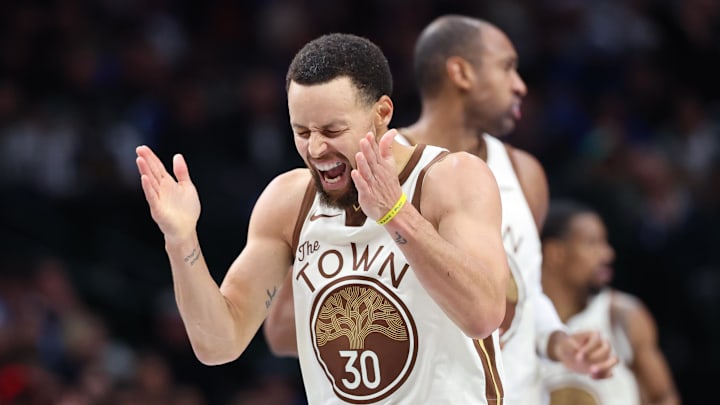 Jan 22, 2026; Dallas, Texas, USA; Golden State Warriors guard Stephen Curry (30) reacts during the second half against the Golden State Warriors at American Airlines Center. Mandatory Credit: Kevin Jairaj-Imagn Images