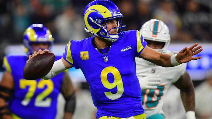 Nov 11, 2024; Inglewood, California, USA; Los Angeles Rams quarterback Matthew Stafford (9) throws against the Miami Dolphins during the first half at SoFi Stadium. Mandatory Credit: Gary A. Vasquez-Imagn Images Nov 11, 2024; Inglewood, California, USA; Los Angeles Rams quarterback Matthew Stafford (9) throws against the Miami Dolphins during the first half at SoFi Stadium. Mandatory Credit: Gary A. Vasquez-Imagn Images