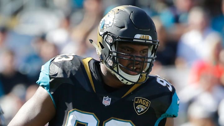 Dec 17, 2017; Jacksonville, FL, USA; Jacksonville Jaguars defensive end Calais Campbell (93) during the first quarter at EverBank Field. Dec 17, 2017; Jacksonville, FL, USA; Jacksonville Jaguars defensive end Calais Campbell (93) during the first quarter at EverBank Field.