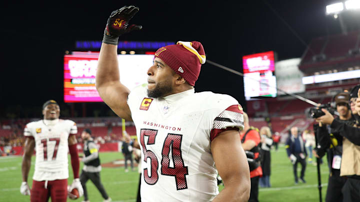 Jan 12, 2025; Tampa, Florida, USA; Washington Commanders linebacker Bobby Wagner (54) celebrates after winning a NFC wild card playoff against the Tampa Bay Buccaneers at Raymond James Stadium. Mandatory Credit: Nathan Ray Seebeck-Imagn Images