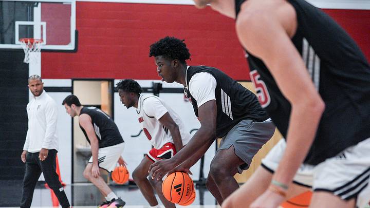 From far left to right: Louisville forward Álvaro Folgueiras, Louisville forward Flory Bidunga, Louisville center Obinna Ekezie Jr. and Louisville center Gabe Dynes during team practice on July 23, 2026 before a two-game exhibition tour in the Bahamas. From far left to right: Louisville forward Álvaro Folgueiras, Louisville forward Flory Bidunga, Louisville center Obinna Ekezie Jr. and Louisville center Gabe Dynes during team practice on July 23, 2026 before a two-game exhibition tour in the Bahamas.