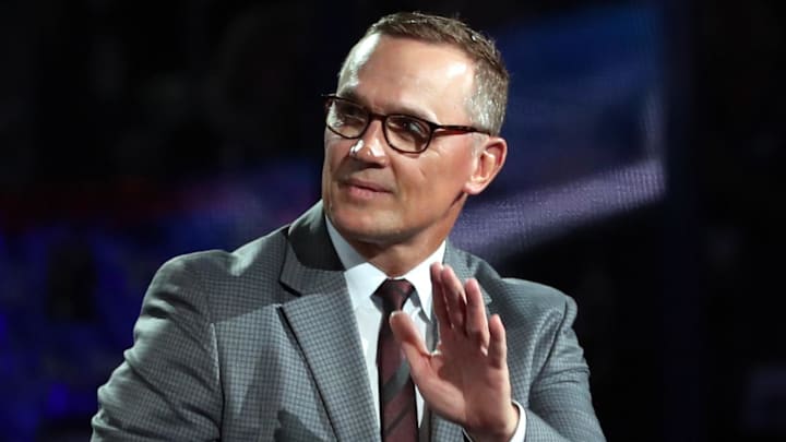 Feb 10, 2018; Tampa, FL, USA; Tampa Bay Lightning general manager Steve Yzerman waves as Former Tampa Bay Lightning center Vincent Lecavalier (4) (not pictured) is honored before the game as he number is retired at Amalie Arena. Mandatory Credit: Kim Klement-Imagn Images Feb 10, 2018; Tampa, FL, USA; Tampa Bay Lightning general manager Steve Yzerman waves as Former Tampa Bay Lightning center Vincent Lecavalier (4) (not pictured) is honored before the game as he number is retired at Amalie Arena. Mandatory Credit: Kim Klement-Imagn Images