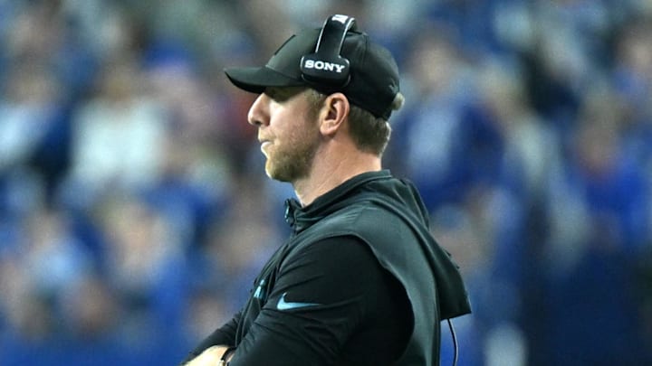 Dec 28, 2025; Indianapolis, Indiana, USA; Jacksonville Jaguars head coach Liam Coen during the second half against the Indianapolis Colts at Lucas Oil Stadium. Mandatory Credit: Robert Goddin-Imagn Images