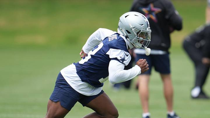 Dallas Cowboys safety Caleb Downs goes through a drill during practice at the Ford Center at the Star Training Facility.