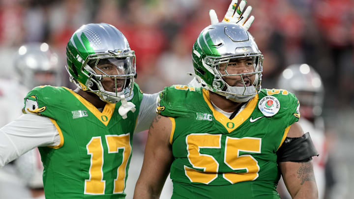 Jan 1, 2025; Pasadena, CA, USA; Oregon Ducks defensive lineman Derrick Harmon (55) reacts in the second half against the Ohio State Buckeyes in the 2025 Rose Bowl college football quarterfinal game at Rose Bowl Stadium. Mandatory Credit: Kirby Lee-Imagn Images