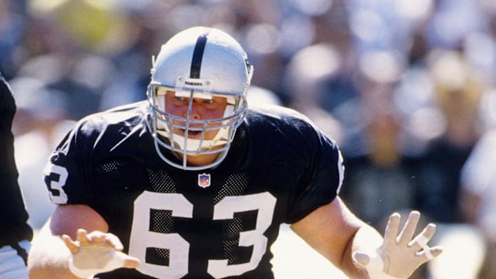 Sep 22, 1996; Oakland, CA, USA; FILE PHOTO; Oakland Raiders center Barrett Robbins (63) in action against the San Diego Chargers at Oakland-Alameda County Coliseum. Mandatory Credit: Imagn Images