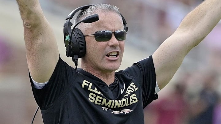Oct 11, 2025; Tallahassee, Florida, USA; Florida State Seminoles head coach Mike Norvell during the second half against the Pittsburgh Panthers at Doak S. Campbell Stadium. Mandatory Credit: Melina Myers-Imagn Images Oct 11, 2025; Tallahassee, Florida, USA; Florida State Seminoles head coach Mike Norvell during the second half against the Pittsburgh Panthers at Doak S. Campbell Stadium. Mandatory Credit: Melina Myers-Imagn Images