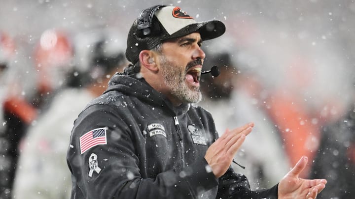 Nov 21, 2024; Cleveland, Ohio, USA; Cleveland Browns head coach Kevin Stefanski reacts during the second half against the Pittsburgh Steelers at Huntington Bank Field. Mandatory Credit: Ken Blaze-Imagn Images