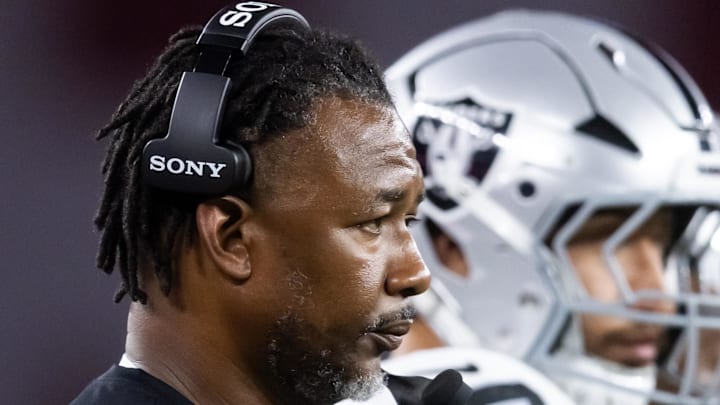 Aug 23, 2025; Glendale, Arizona, USA; Las Vegas Raiders defensive coordinator Patrick Graham against the Arizona Cardinals during a preseason NFL game at State Farm Stadium. Mandatory Credit: Mark J. Rebilas-Imagn Images